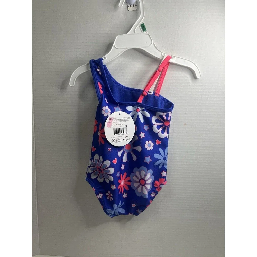 Girls One-Piece Swimsuit Blue Pink Floral Print Size 24M